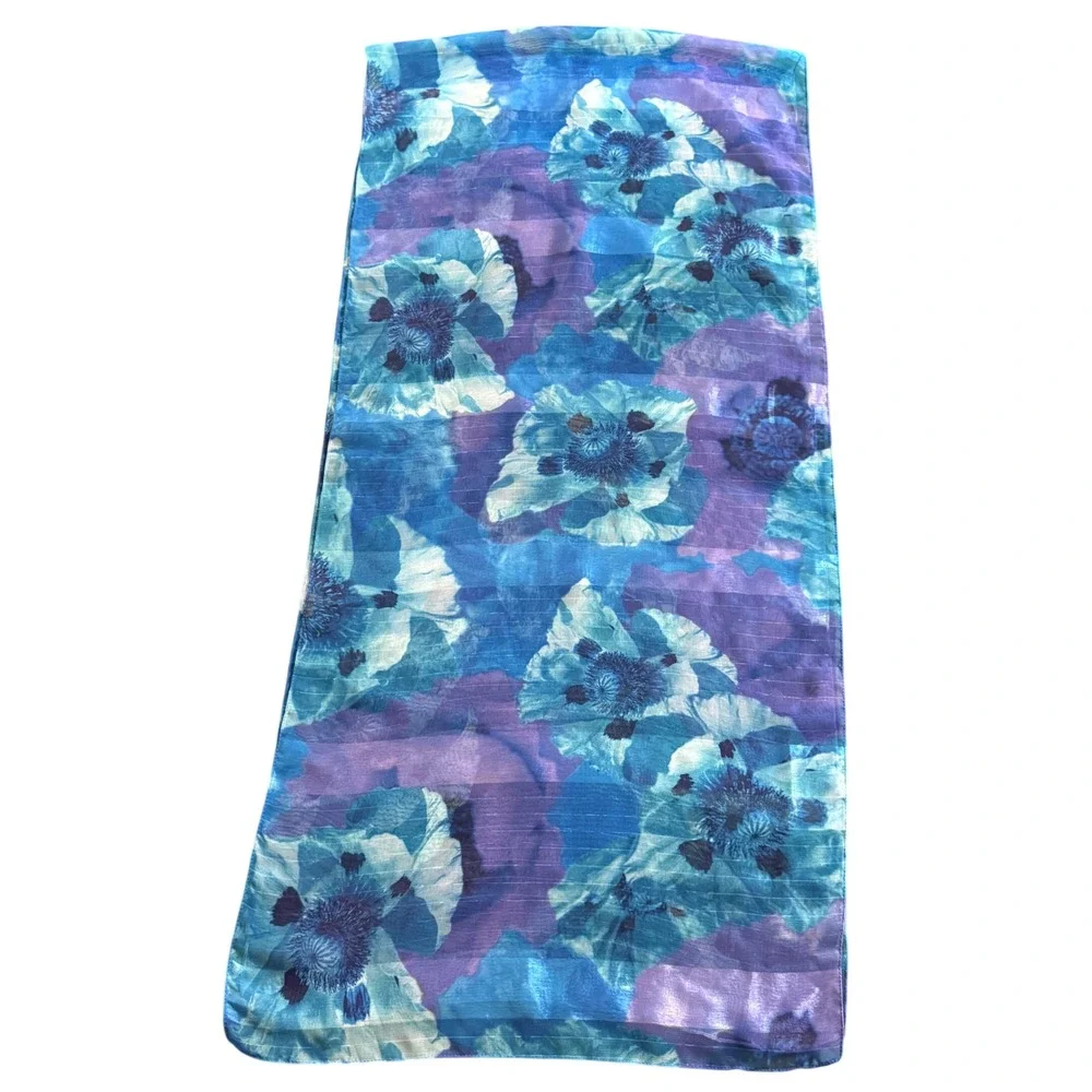 Vintage Floral Sheer Scarf‎ Lot of 2 Blue Purple Poppy Pink Wild Rose Oblong